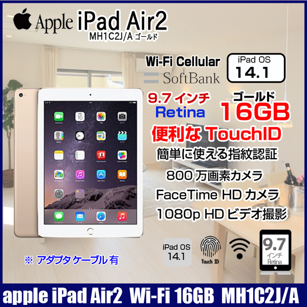 Apple iPad Air2 MH1C2J/A Retina SoftBank Wi-Fi+Cellular 16GB指紋