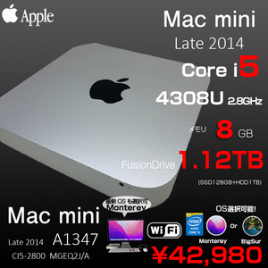 Apple Mac mini MGEQ2J/A A1347 Late 2014 小型デスク 選べるOS Monterey or Bigsur [Core i5 4308U 2.8GHz 8GB FusionDrive1TB 無線 BT ]:良品