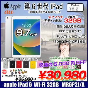 Apple iPad 第6世代 MR6P2J/A au Wi-Fi+ Cellular 2018 32GB A1954  選べるオリジナルカラー[ A10 32GB(SSD) 9.7インチ iPadOS  16.2シルバー ] :良品