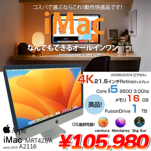 Apple iMac 21.5inch MRT42J/A A2166 4K 2019 一体型 選べるOS [Core i5 8500 3.0GHz 16GB Fusion1TB 無線 BT カメラ 21.5] :美品