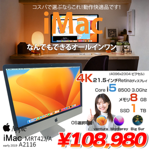 Apple iMac 21.5inch MRT42J/A A2116 4K 2019 一体型 選べるOS [Core i5 8500 メモリ8GB SSD1TB 無線 BT カメラ 21.5インチ] :良品